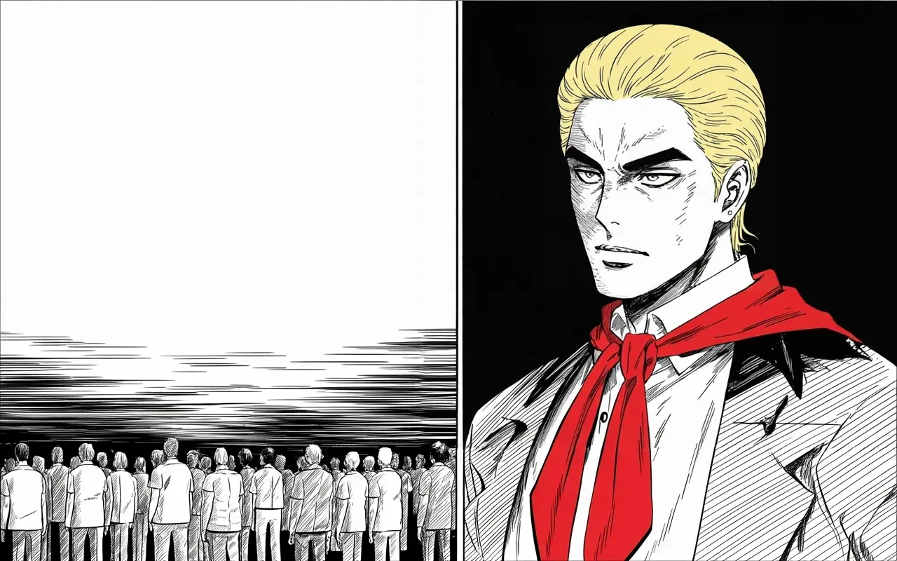 Manga panel 3 of 4, Week 285 “The Count”: He says he is not fighting for himself but for the seventy-four million behind him.