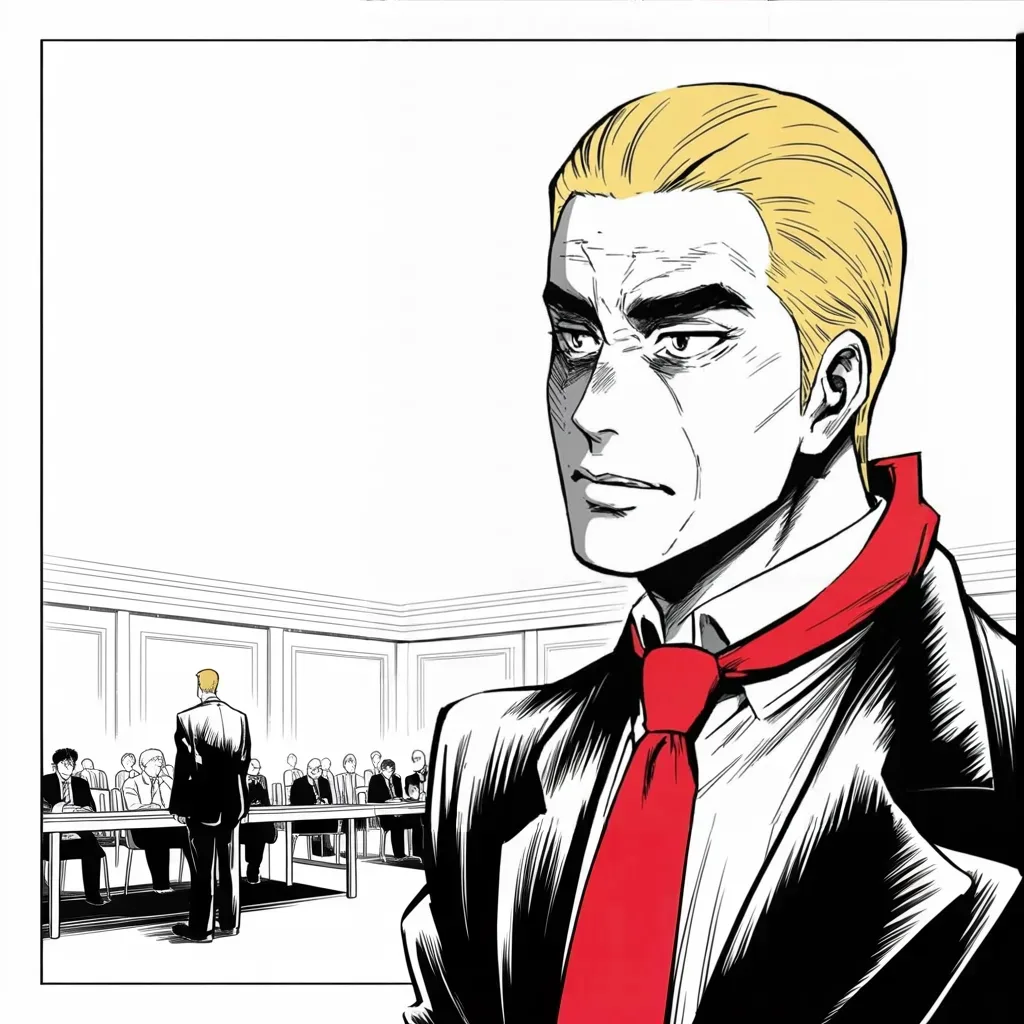 Manga panel 2 of 5, Week 286 “The Count”: The hearings move out of the courts and into hotel ballrooms.