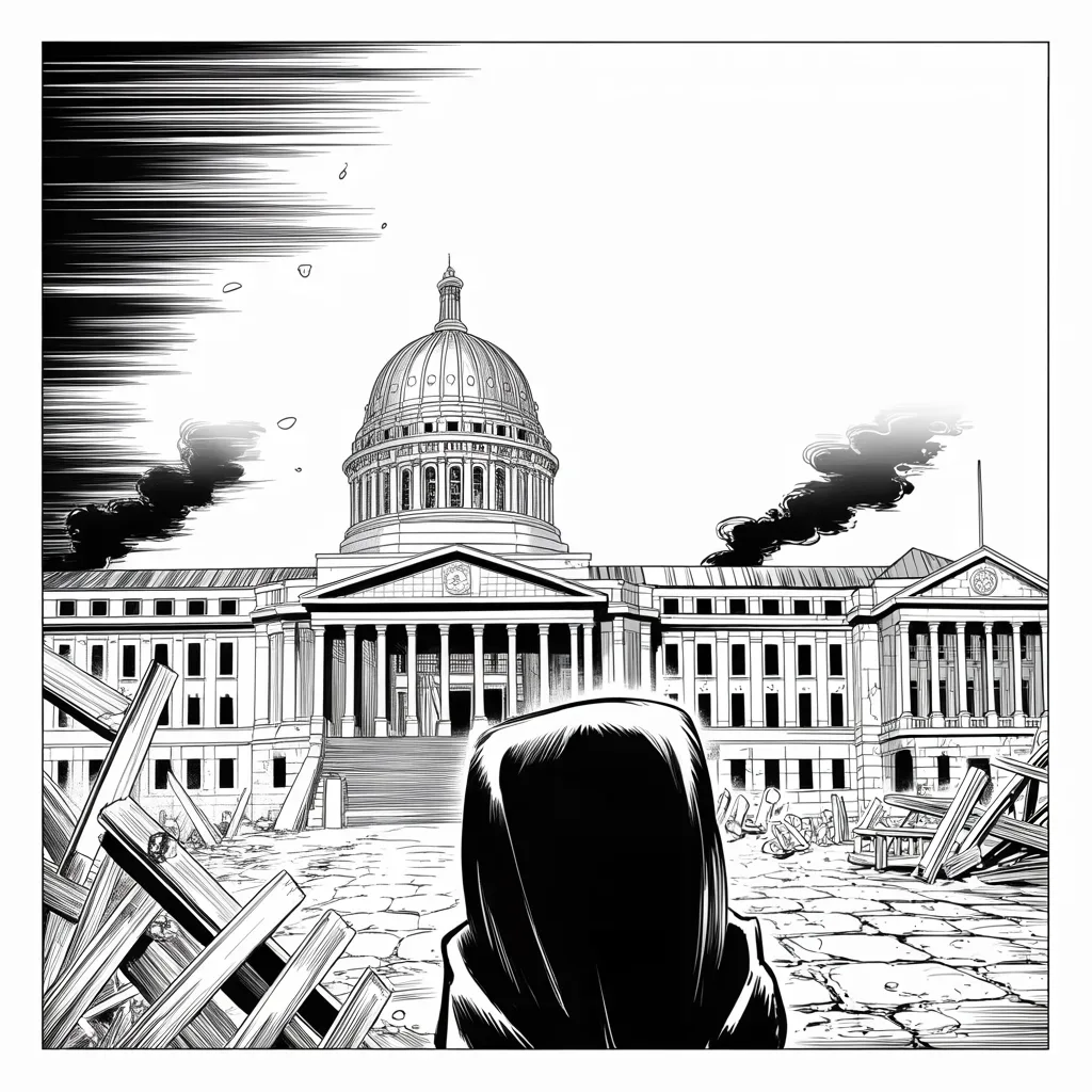 Manga panel 2 of 5, Week 291 “The Last Tweet”: At one o'clock the crowd goes over the barricades and into the chamber. For three hours the saga's protagonist watches it on television and says nothing.