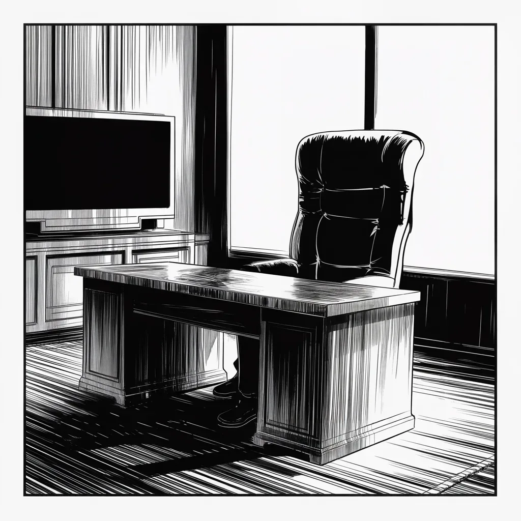 Manga panel 3 of 5, Week 292 “The Fenced City”: The desk is still his for one more week. There is nothing to post from it.
