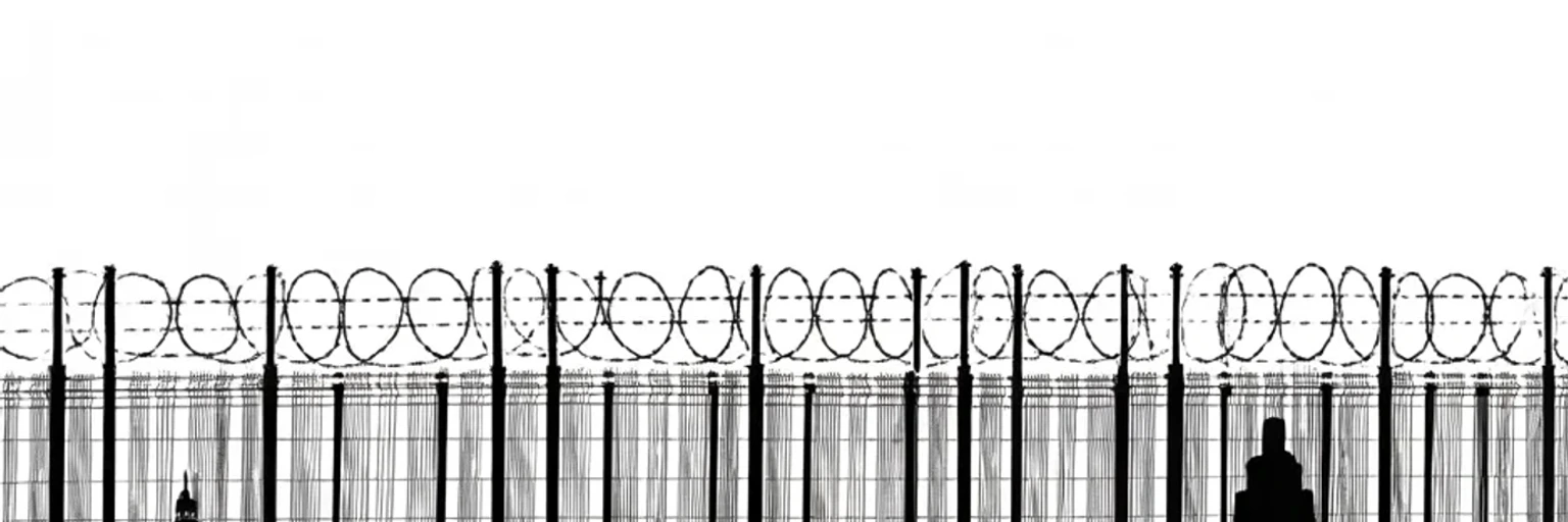 Manga panel 5 of 5, Week 292 “The Fenced City”: The last dusk of the presidency. The city is fenced, the balcony is lit, and nobody is standing on it.