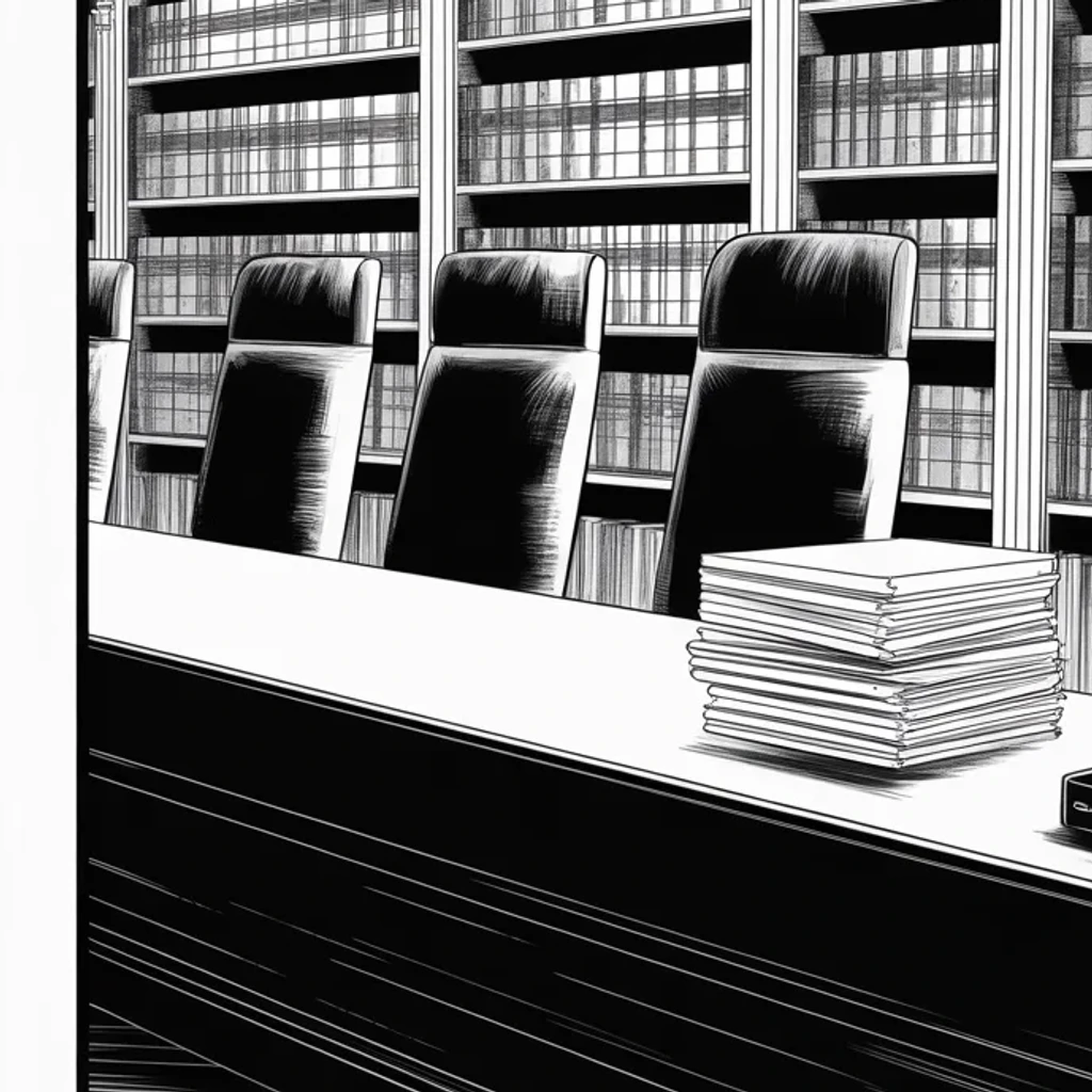 Manga panel 4 of 5, Week 294 “The Court in Exile”: His first lawyers walk out days before the trial. On the thirty-first the office announces two new names to defend him.