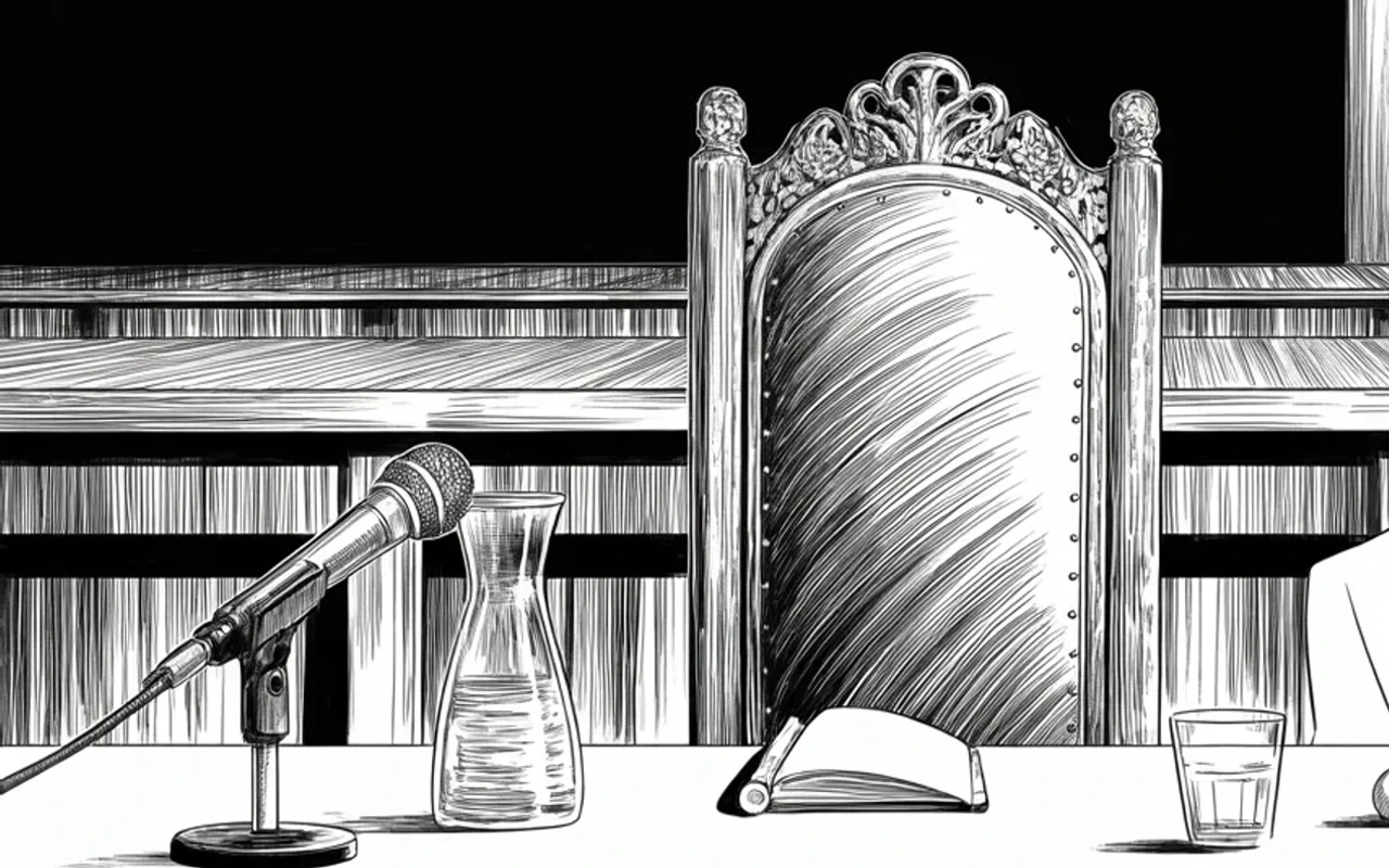 Manga panel 3 of 4, Week 295 “The Answer”: The managers ask him to testify under oath. The office answers that he will not appear, and the chair stays empty.