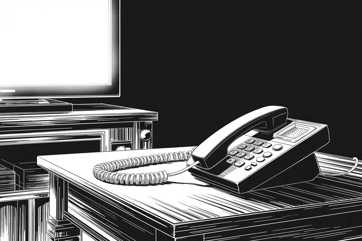 Manga panel 2 of 4, Week 297 “The Borrowed Voice”: He telephones into television to speak of the dead broadcaster — the first time the country hears his voice since the twentieth of January.