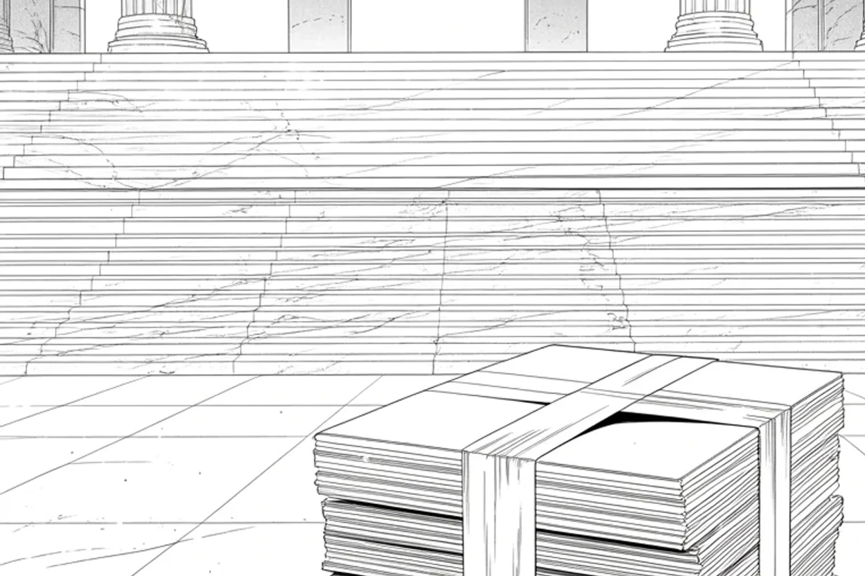 Manga panel 3 of 4, Week 297 “The Borrowed Voice”: The twenty-second. The highest court refuses the election cases and clears eight years of his papers to go to a prosecutor.