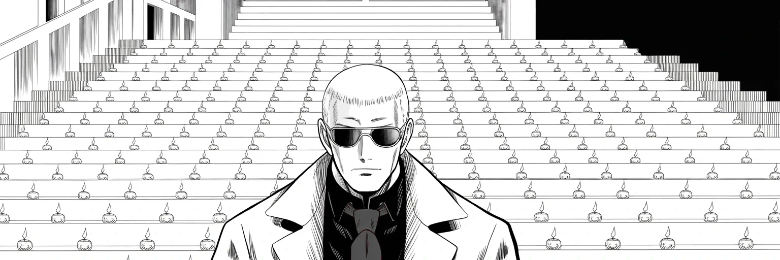 Manga panel 4 of 4, Week 297 “The Borrowed Voice”: That evening five hundred candles burn on the steps of the White House, one for every thousand dead, and the man who took the office stands above them alone.