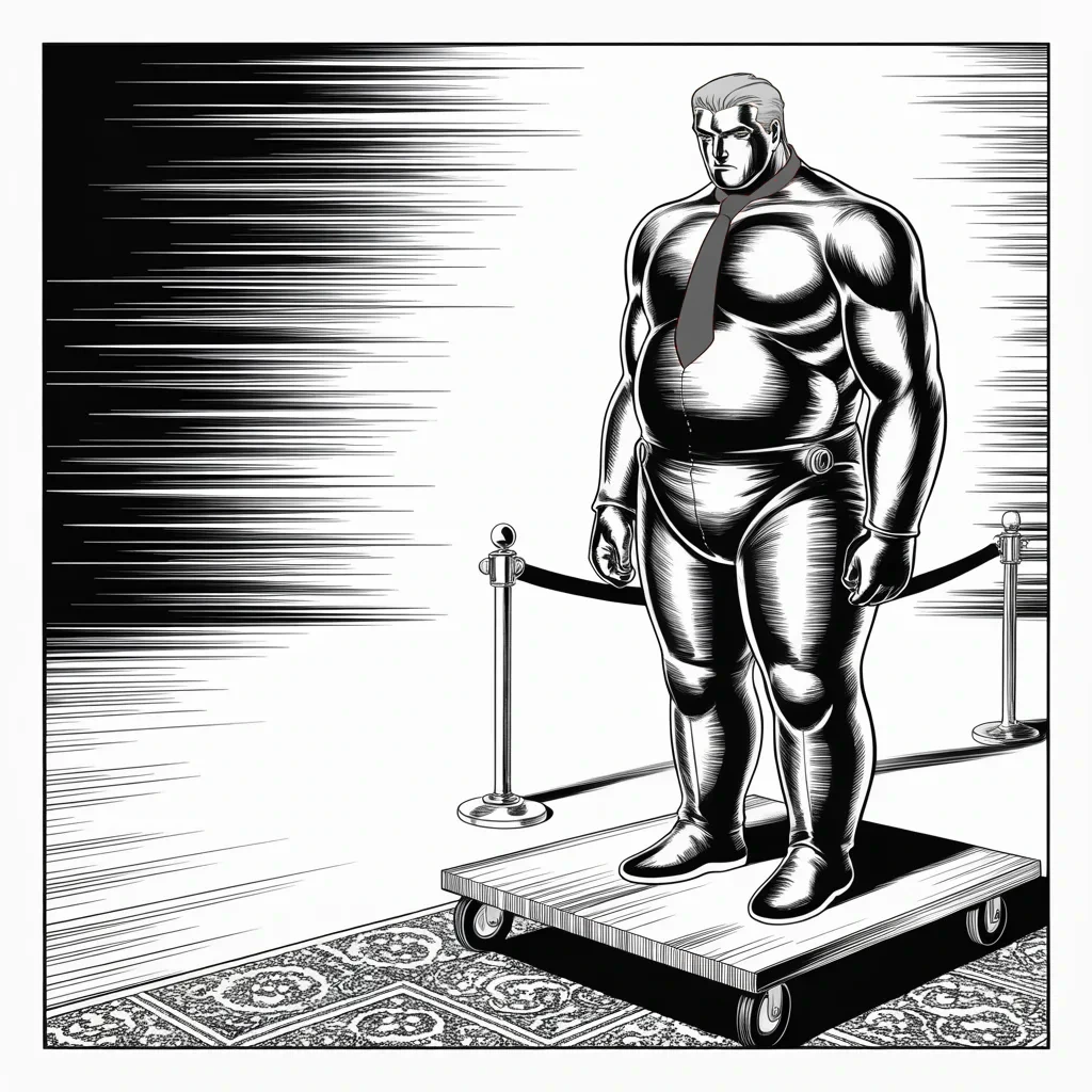 Manga panel 2 of 5, Week 298 “The Idol”: In the same hall an effigy of him rolls past on a trolley, polished to a mirror, and the crowd stops to photograph the statue.