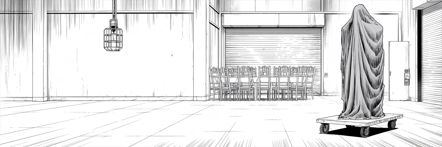 Manga panel 5 of 5, Week 298 “The Idol”: The hall empties and the idol goes back under a dust sheet in a service corridor. The week's entire paper record is two notes of correspondence.
