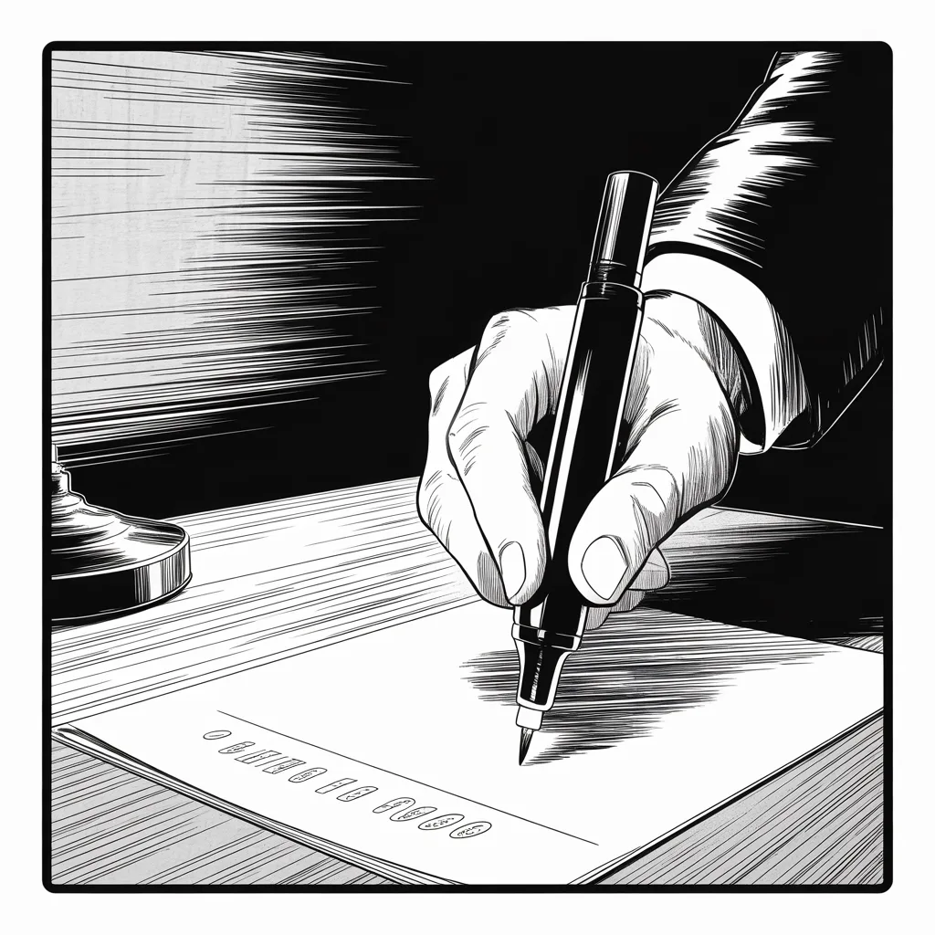 Manga panel 2 of 5, Week 299 “Complete and Total”: A hand, a marker, the foot of a page. The signature is the only part of him in the panel.