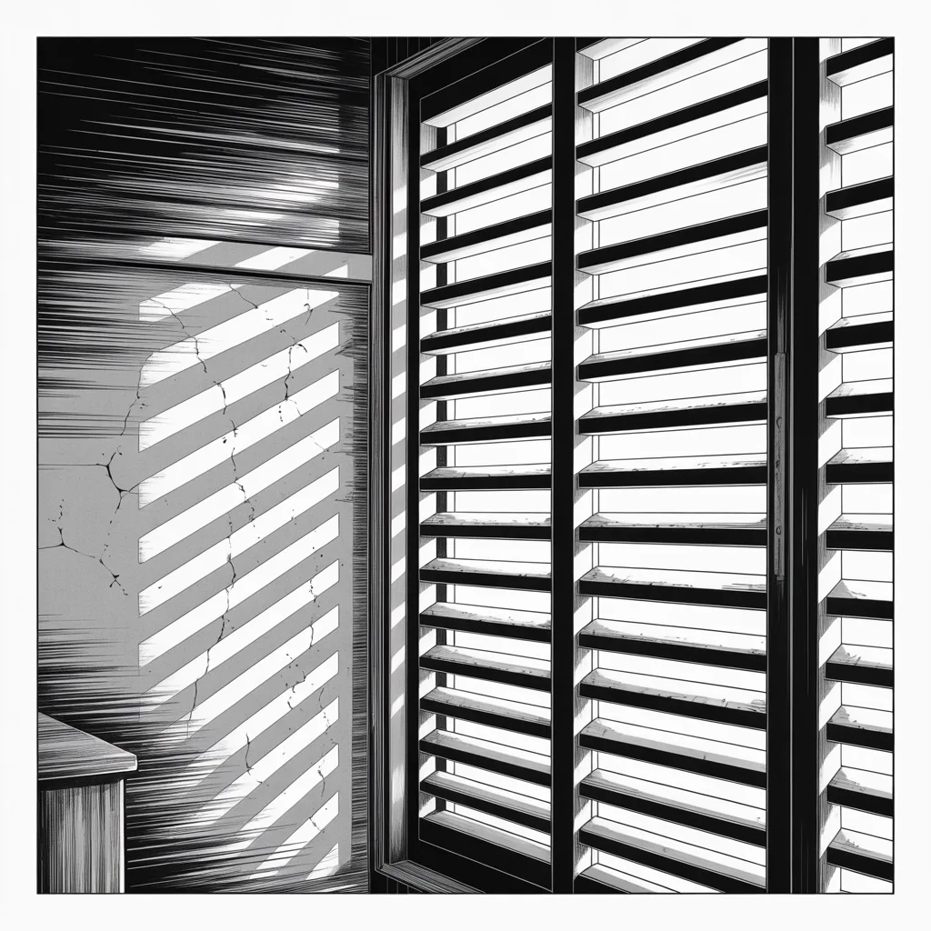 Manga panel 4 of 5, Week 299 “Complete and Total”: Row upon row of identical shutter slats, and the identical bars of light they throw on the wall.