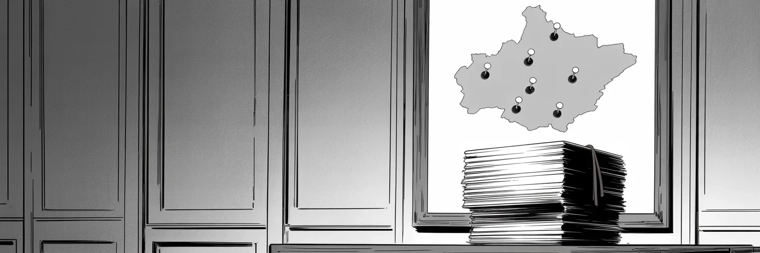 Manga panel 5 of 5, Week 299 “Complete and Total”: Six pins in the map, six sheets in the stack, and the same closing phrase at the foot of every one of them.
