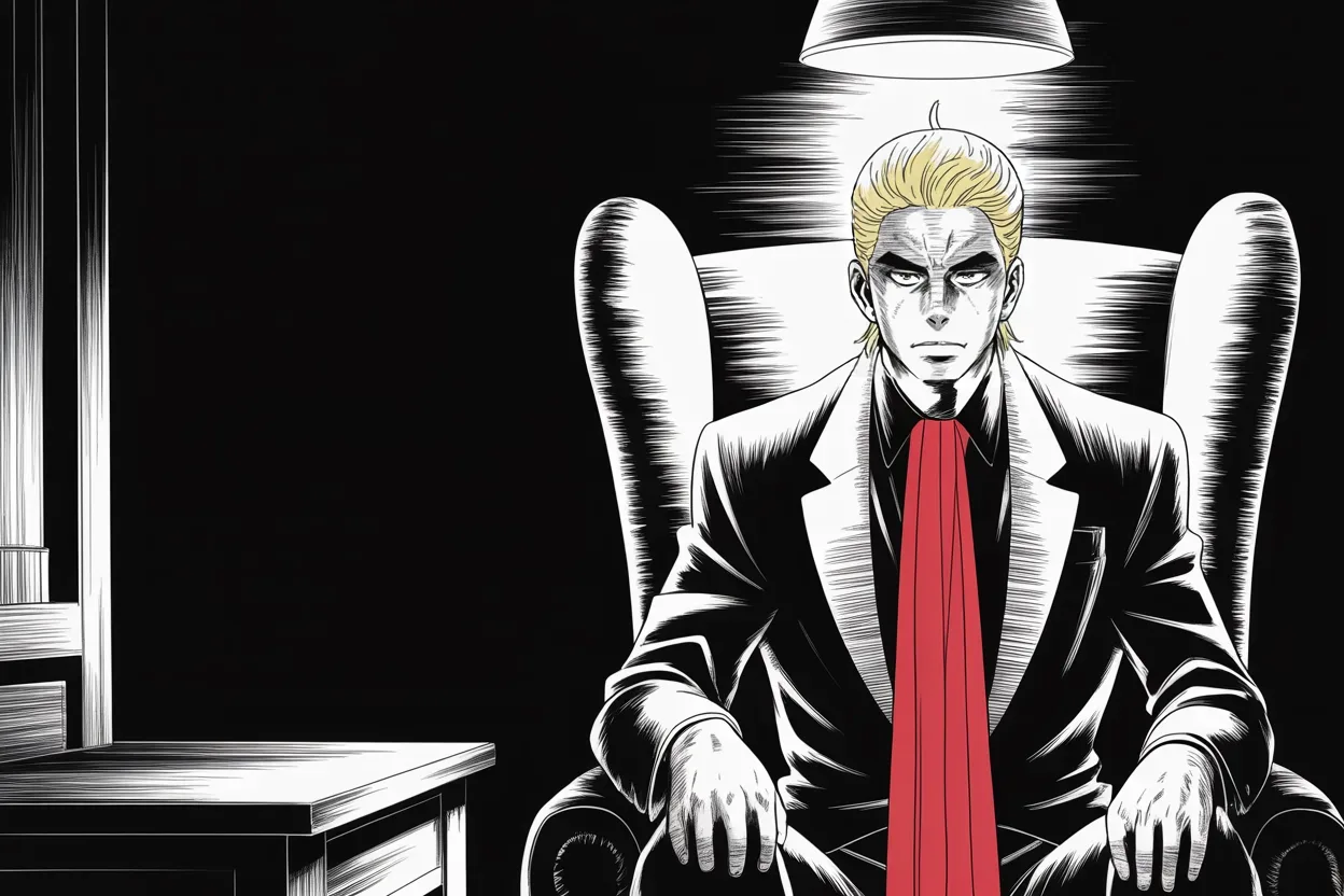 Manga panel 2 of 4, Week 300 “I Hope Everyone Remembers”: In Florida he watches it happen from a wing chair, lit from behind, his face a dark mass with only a rim of light on the brow and jaw.