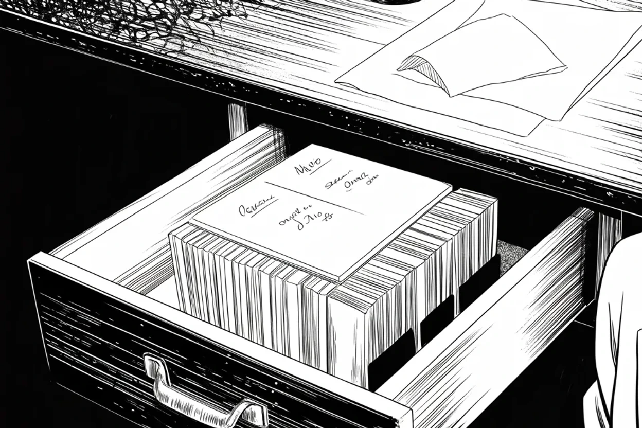 Manga panel 3 of 4, Week 300 “I Hope Everyone Remembers”: The drawer will not stay shut. The stack inside it is thicker than it was a week ago, and there is a fresh sheet on top.