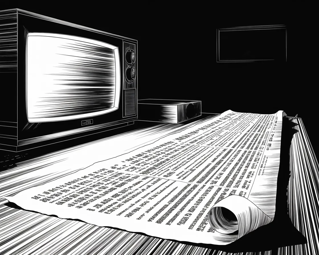 Manga panel 2 of 4, Week 301 “Someone Else's Channel”: A Sunday programme is discussing the border out of frame; its light falls across four paragraphs of reply, already typed.