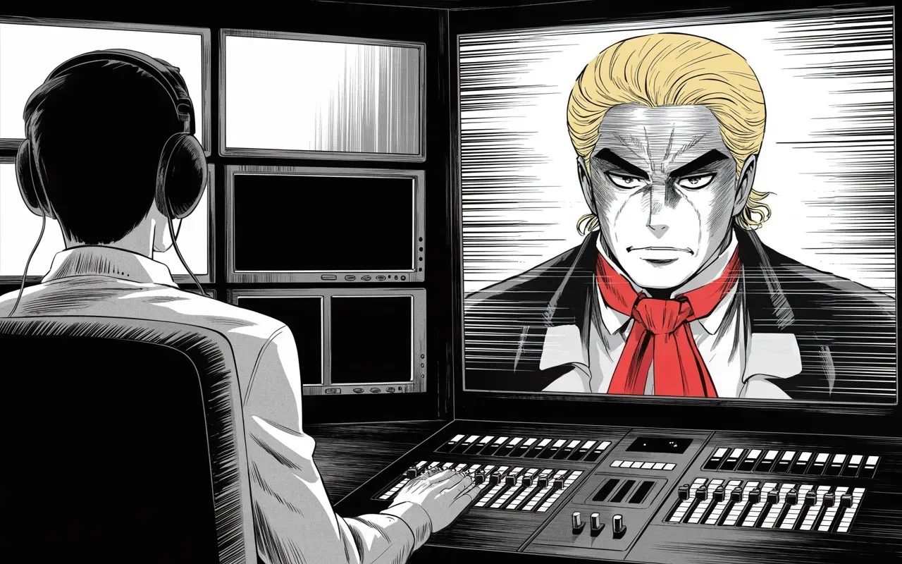 Manga panel 3 of 4, Week 301 “Someone Else's Channel”: He comes back as a picture on somebody else's monitor — scan lines, screen glare, and a technician's headphones in the way.