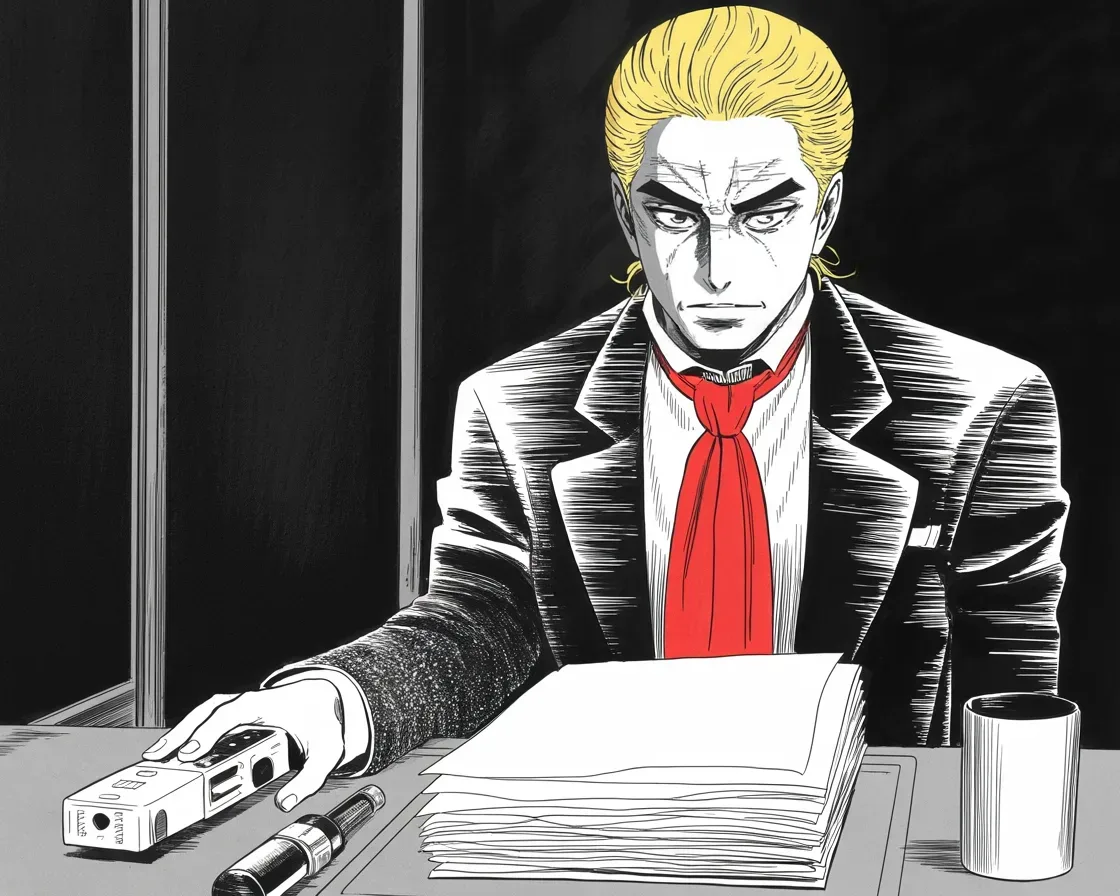 Manga panel 2 of 4, Week 302 “Where's Durham?”: The twenty-ninth. Four thousand words about two doctors, dictated at a desk with a recorder and a cold cup of coffee.