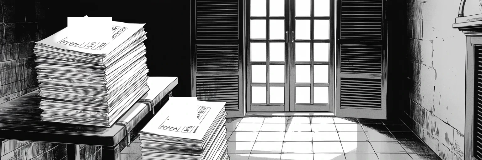 Manga panel 4 of 4, Week 302 “Where's Durham?”: By the end of March the stack on the side table stands a hand's depth high, and a second one has started beside it.