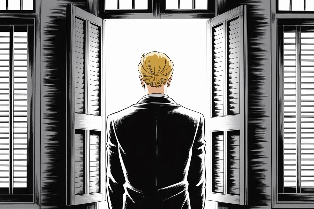 Manga panel 3 of 4, Week 303 “The Game Leaves Atlanta”: He stands at the window with his back to us, a dark shape against the glare coming through the slats.