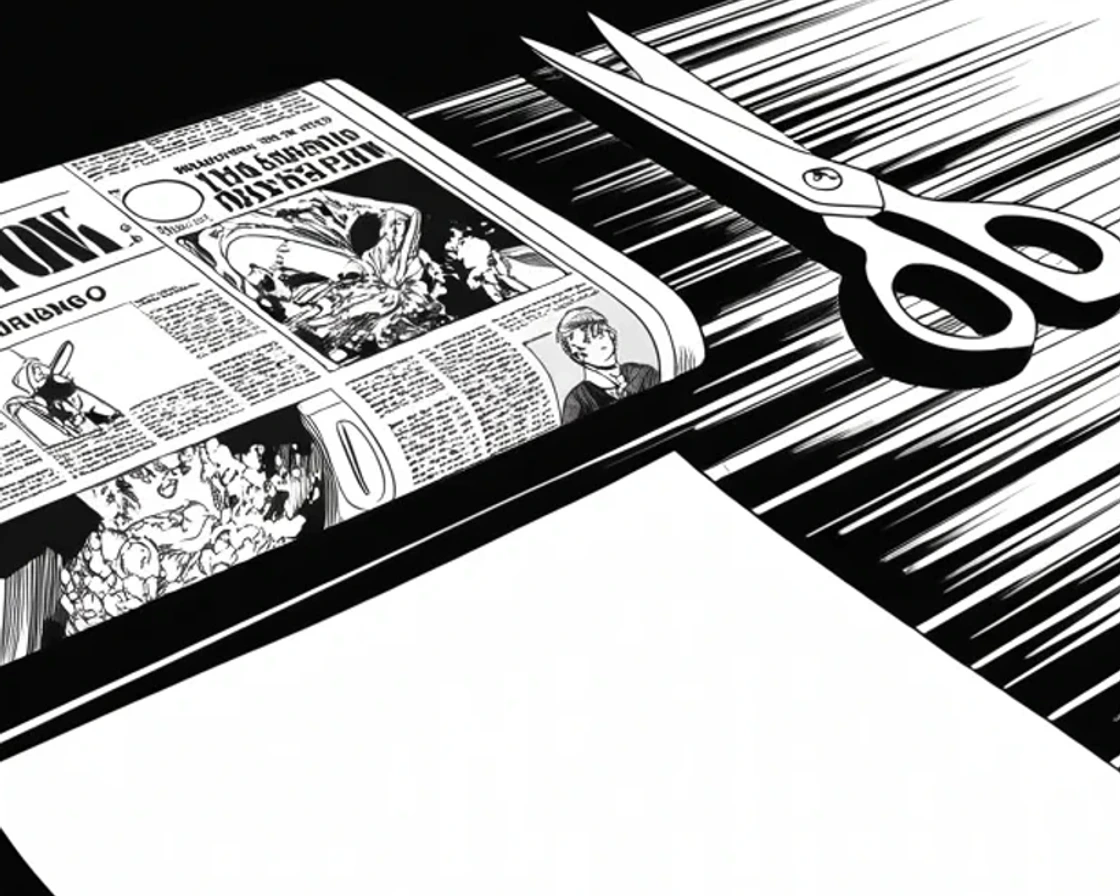 Manga panel 2 of 4, Week 305 “Nineteen Years Is Enough”: The office issues a statement made entirely of somebody else's sentences about him, cut out of a newspaper column.