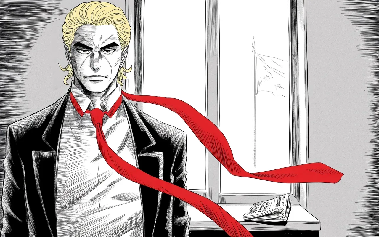 Manga panel 3 of 4, Week 305 “Nineteen Years Is Enough”: The eighteenth. Nineteen years, he writes, is enough — and the date chosen for leaving is the wrong one.