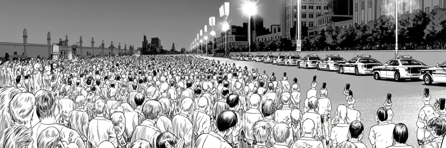 Manga panel 2 of 3, Week 306 “The Ratings”: Outside the courthouse a crowd stands in the road and hears the three counts read out through the doors.