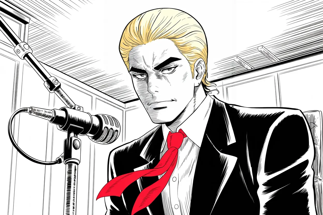 Manga panel 2 of 4, Week 307 “Enjoy!”: The closest the camera has come to him in ten weeks: leaning into somebody else's microphone, mid-sentence, at noon.
