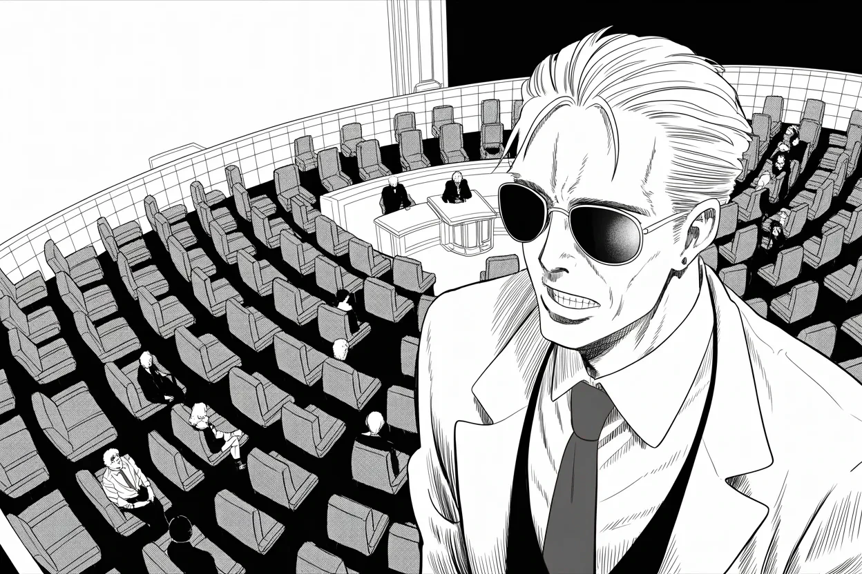 Manga panel 3 of 4, Week 307 “Enjoy!”: That evening the usurper addresses both houses, and the chamber is kept a quarter full for the plague.