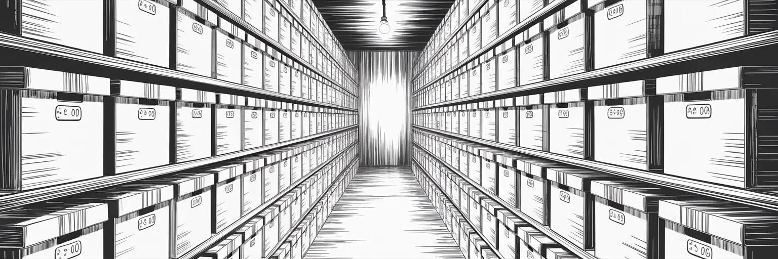 Manga panel 4 of 4, Week 307 “Enjoy!”: Ten weeks of correspondence, boxed and stacked floor to ceiling down both sides of an aisle a shoulder's width wide.