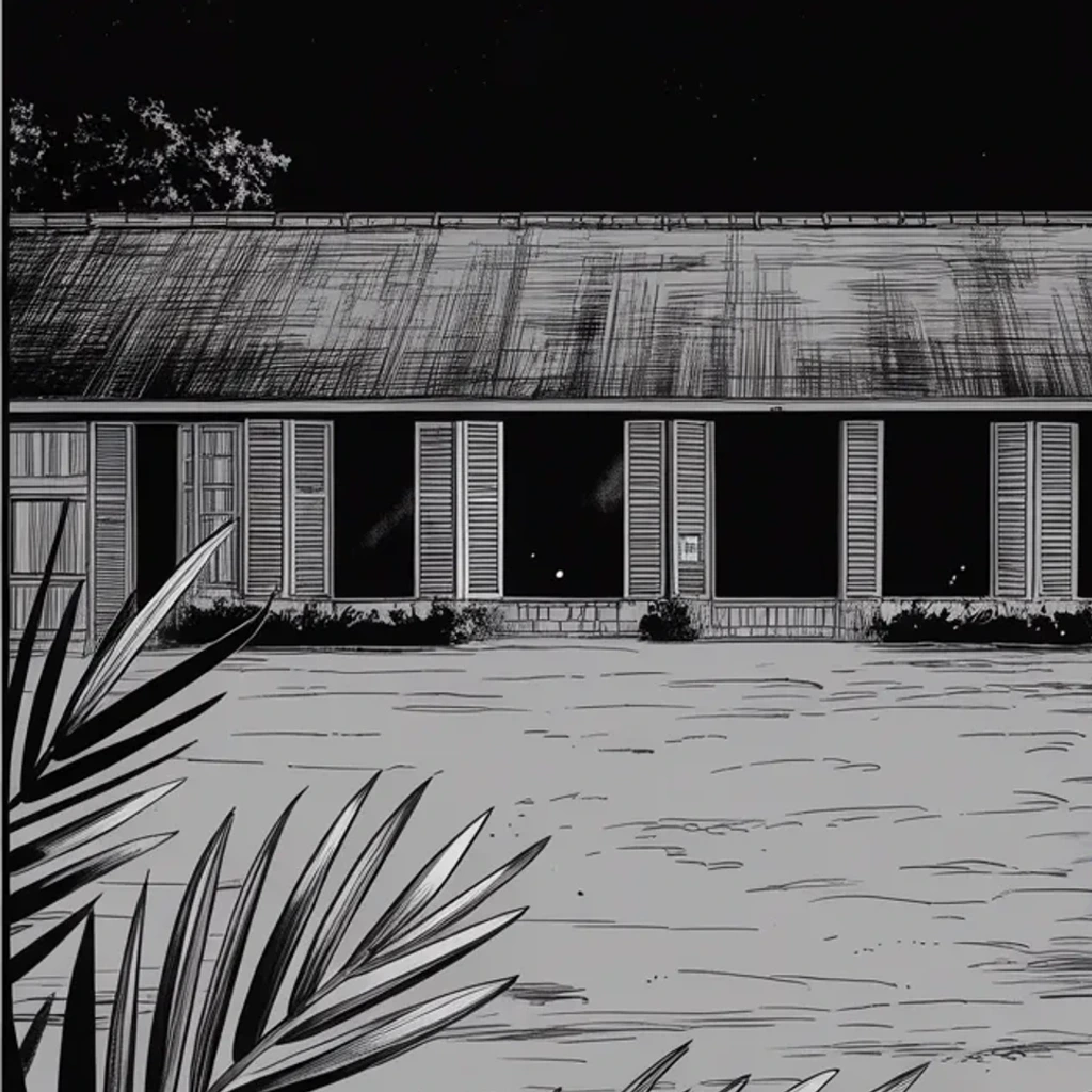 Manga panel 3 of 5, Week 308 “A Page of His Own”: One lit window at the end of a dark building. The whole apparatus of the new press is one room, one desk and a keyboard.
