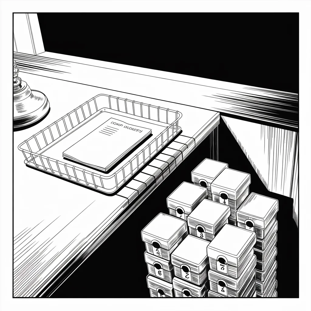 Manga panel 4 of 5, Week 308 “A Page of His Own”: The tray takes one sheet in seven days. The boxes it feeds are still stacked against the desk, four months deep.
