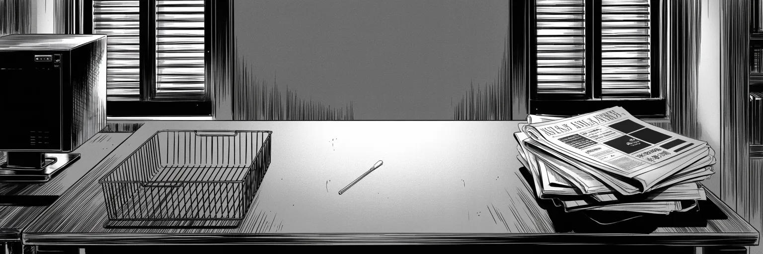 Manga panel 4 of 4, Week 309 “Two in One Morning”: After that morning the tray stays empty for six days, and the papers stack up unopened beside it.