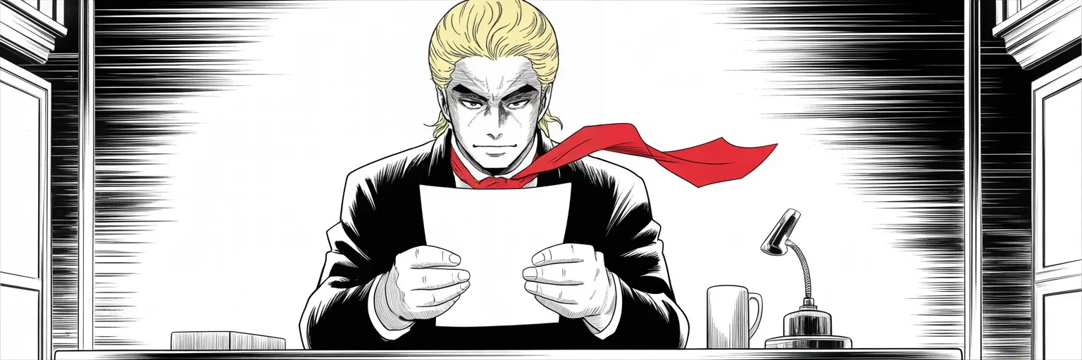 Manga panel 2 of 3, Week 310 “The Marked Paragraph”: The whole publication for the week is four sentences of another man's editorial, read at a desk and reprinted under his own name.