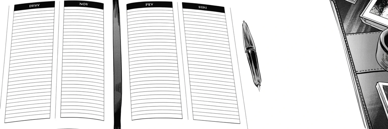 Manga panel 3 of 3, Week 310 “The Marked Paragraph”: A week-to-view diary open on the desk, its ruled columns standing empty from one end of the spread to the other.