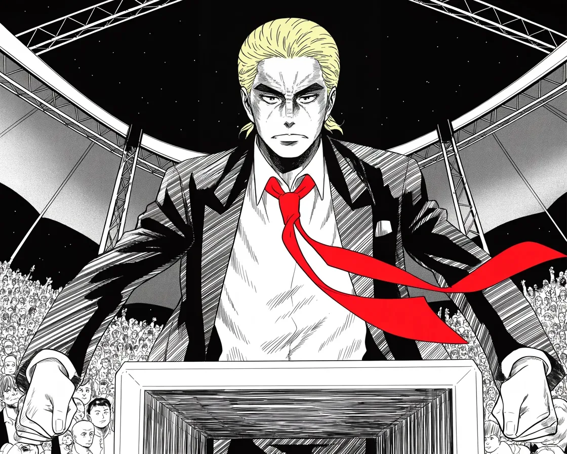 Manga panel 2 of 4, Week 315 “The Field in Ohio”: He walks out in front of a crowd for the first time in one hundred and seventy-one days, and the camera goes back under him where it always was.
