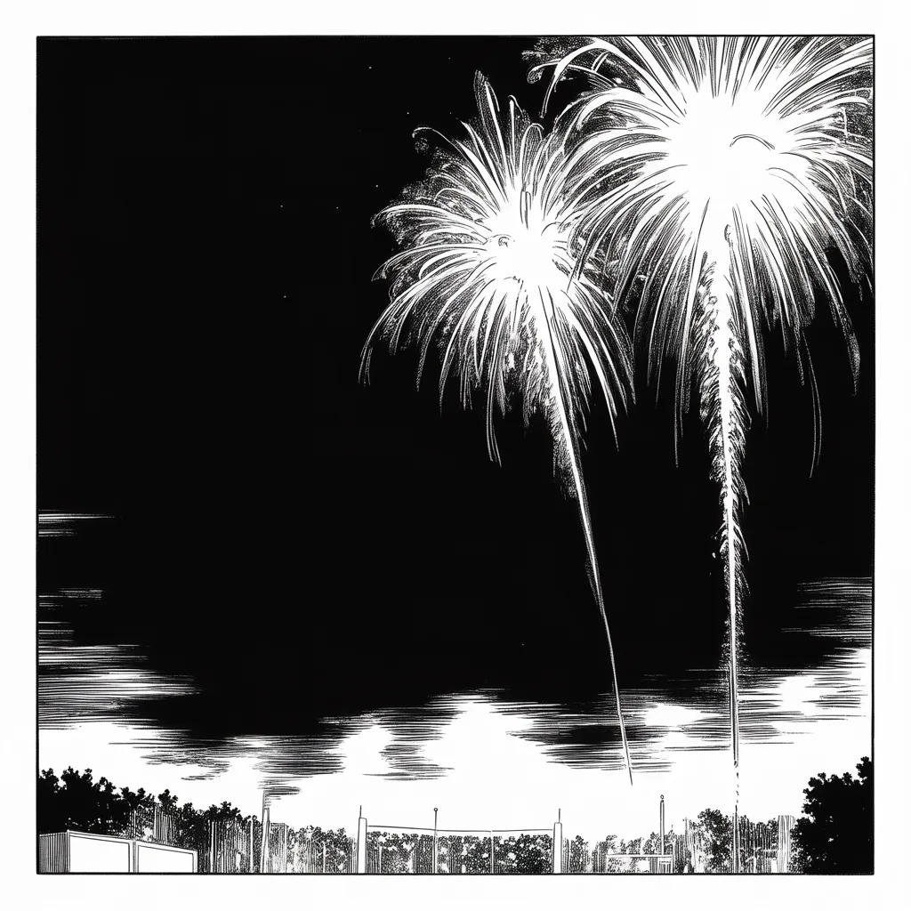 Manga panel 4 of 5, Week 316 “The Company”: The third of July, Sarasota. The second rally in eight days, and this one ends with a fireworks show.