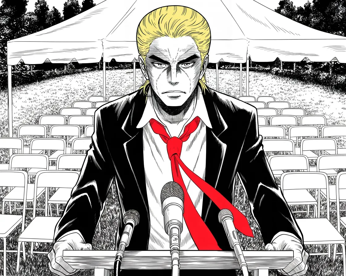 Manga panel 2 of 4, Week 317 “Why I'm Suing”: The seventh of July, on a lawn in New Jersey. He announces that he is suing the three companies that took his voice away.