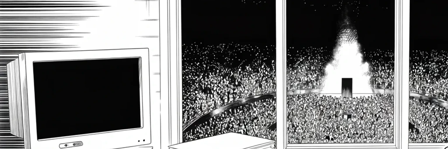 Manga panel 4 of 4, Week 317 “Why I'm Suing”: A dead screen on the desk and, miles away through the glass, a field burning with light. Ten weeks of the chapter in one window.