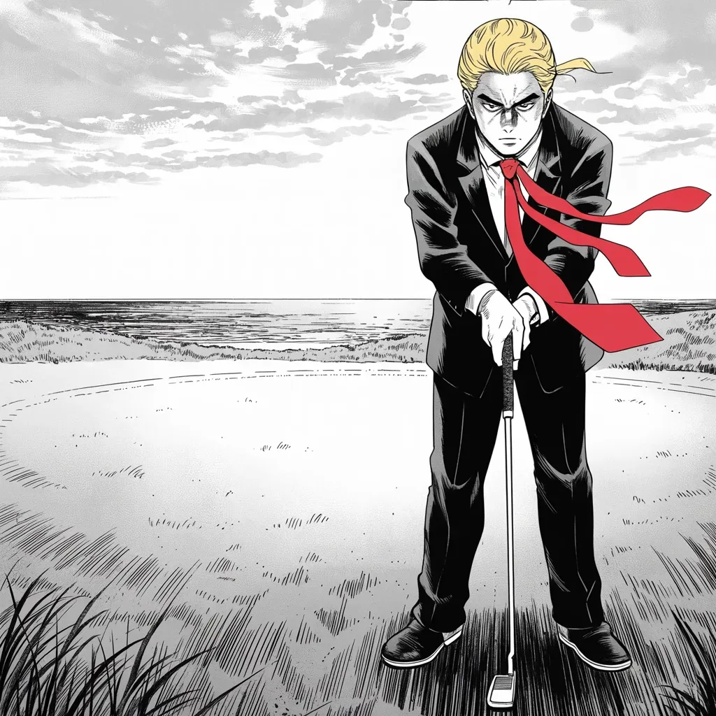 Manga panel 4 of 5, Week 318 “Read the Full Article”: On the seventeenth the office issues a statement about which golf course the Open Championship ought to be played on.