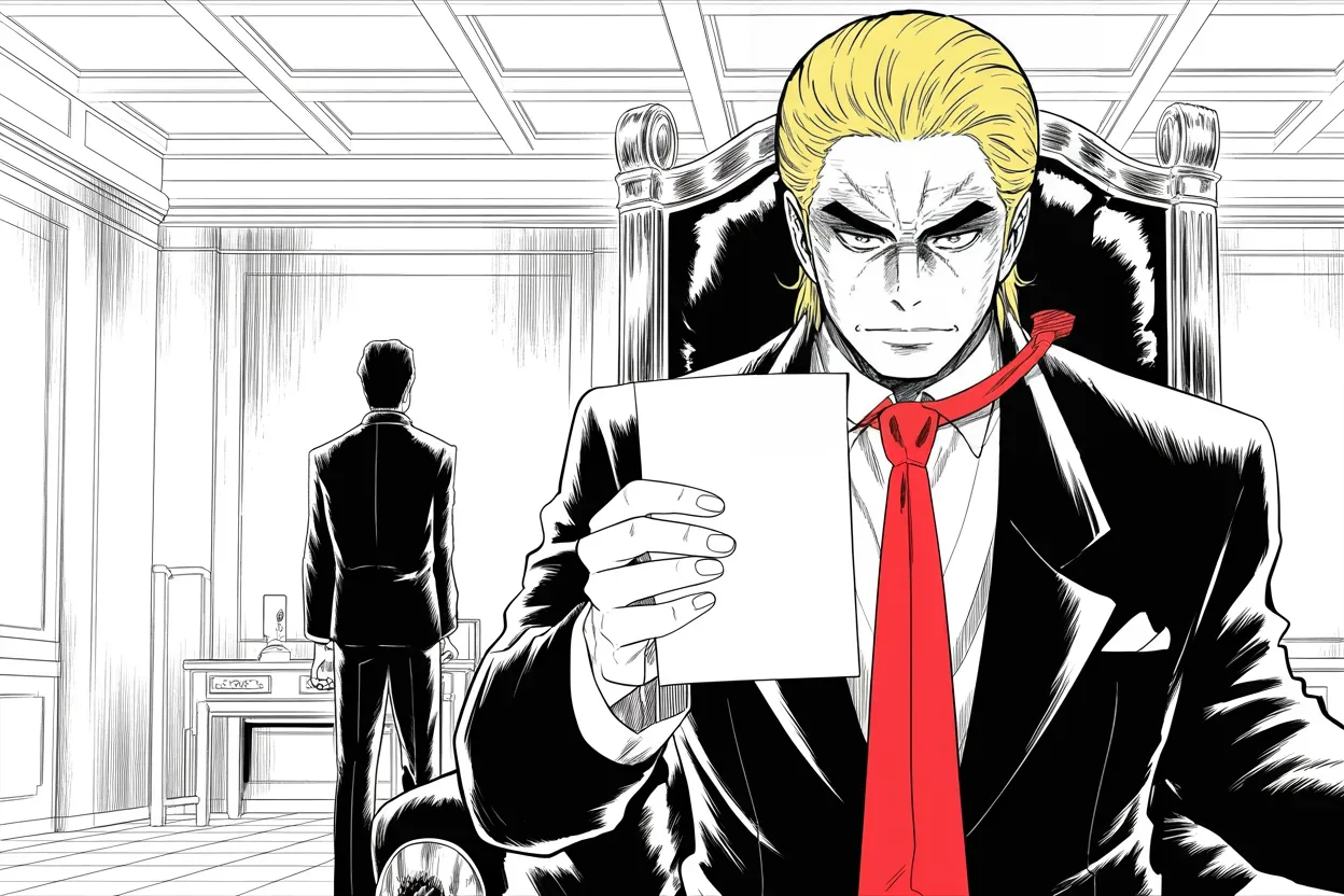 Manga panel 2 of 4, Week 319 “The Two Lists”: A man stands in front of the chair with his hands behind his back, waiting to be endorsed.