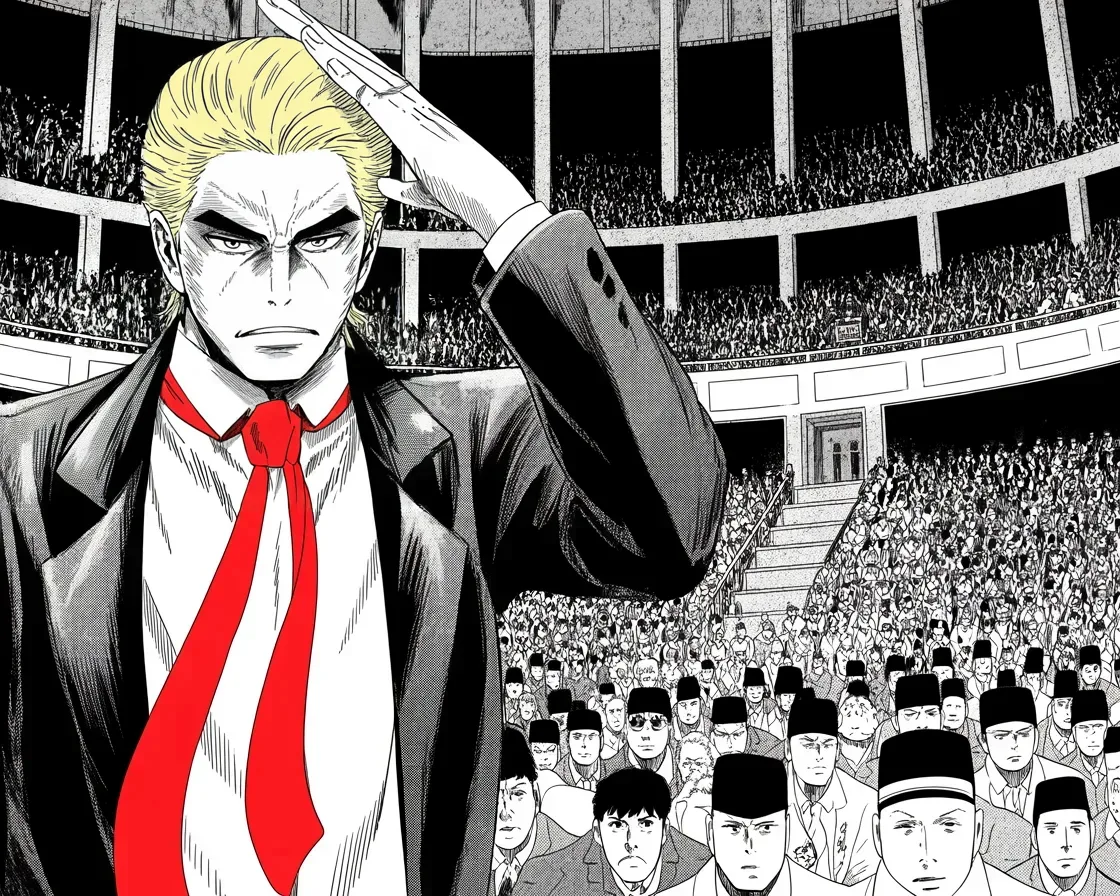 Manga panel 2 of 4, Week 320 “My Name and Likeness”: Three days after the loss the office publishes three words about the state he spoke in.