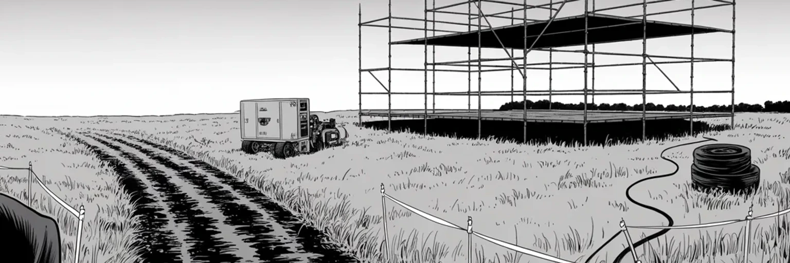 Manga panel 4 of 4, Week 320 “My Name and Likeness”: A field in Cullman, Alabama, staked out three weeks early. The paper announcing it prints the timings to the minute.