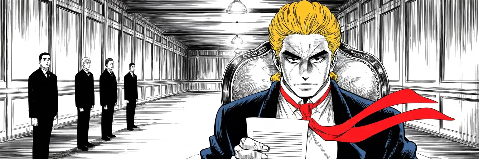 Manga panel 5 of 5, Week 321 “The Kingmaker”: By the ninth the reprints are calling him the kingmaker, and the line along the carpet is longer than it was.