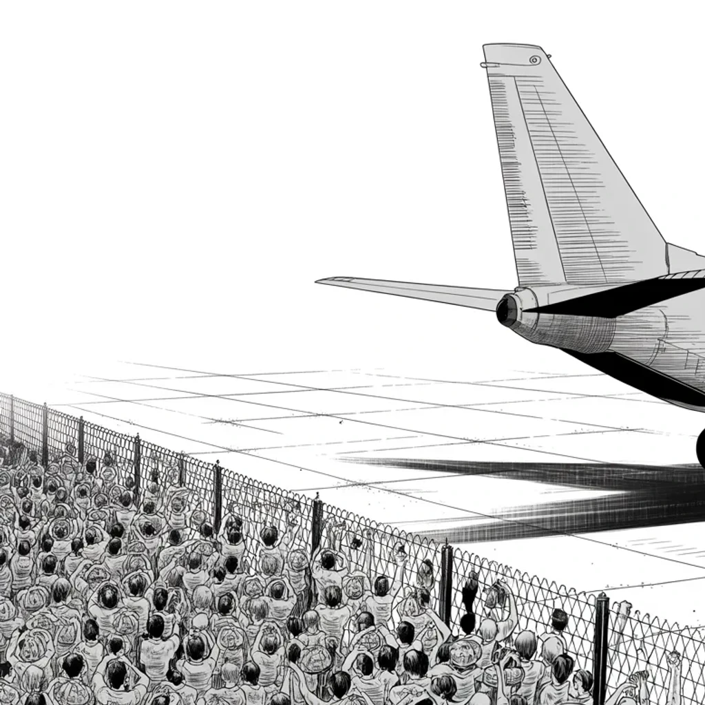 Manga panel 4 of 5, Week 322 “Do You Miss Me Yet?”: The fifteenth of August. Kabul falls in an afternoon, and the crowd at the airfield fence is a mile deep.