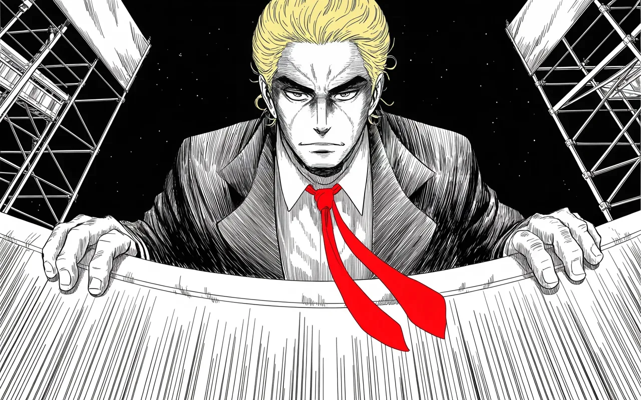 Manga panel 3 of 4, Week 323 “Trending”: The twenty-first, on a field in Cullman, Alabama. The crowd is enormous and the camera is under him again.