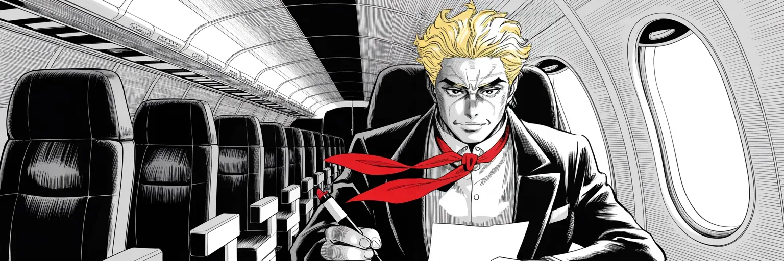 Manga panel 4 of 4, Week 323 “Trending”: Flying home from Alabama he publishes one sentence about the withdrawal: it was not a withdrawal, it was a surrender.