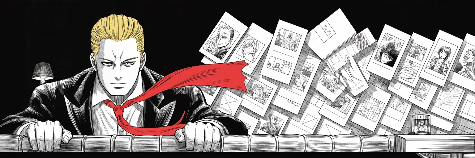 Manga panel 5 of 5, Week 324 “Thirteen”: Thirty-three papers this week. Most of them are other men's writing with a line of his on top.