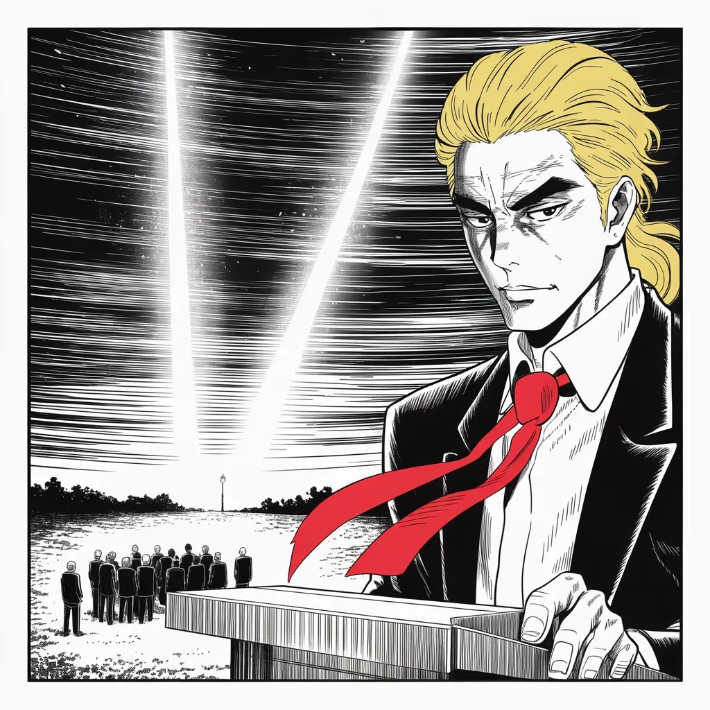 Manga panel 4 of 5, Week 326 “The Withheld Crown”: The eleventh of September, twenty years on. He speaks on open ground at dusk to a few hundred people.
