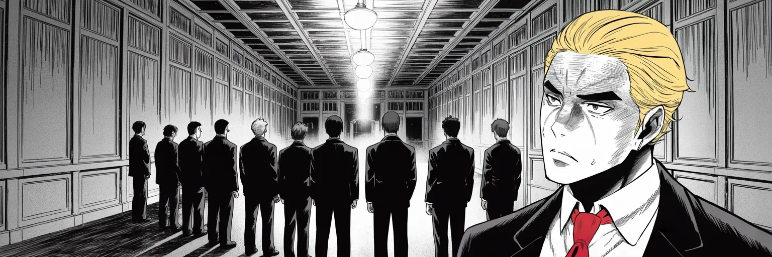 Manga panel 4 of 4, Week 327 “1 Down, 9 to Go”: He cannot govern anything. He can end a career with a sheet of paper, and the line down the carpet is longer every week.