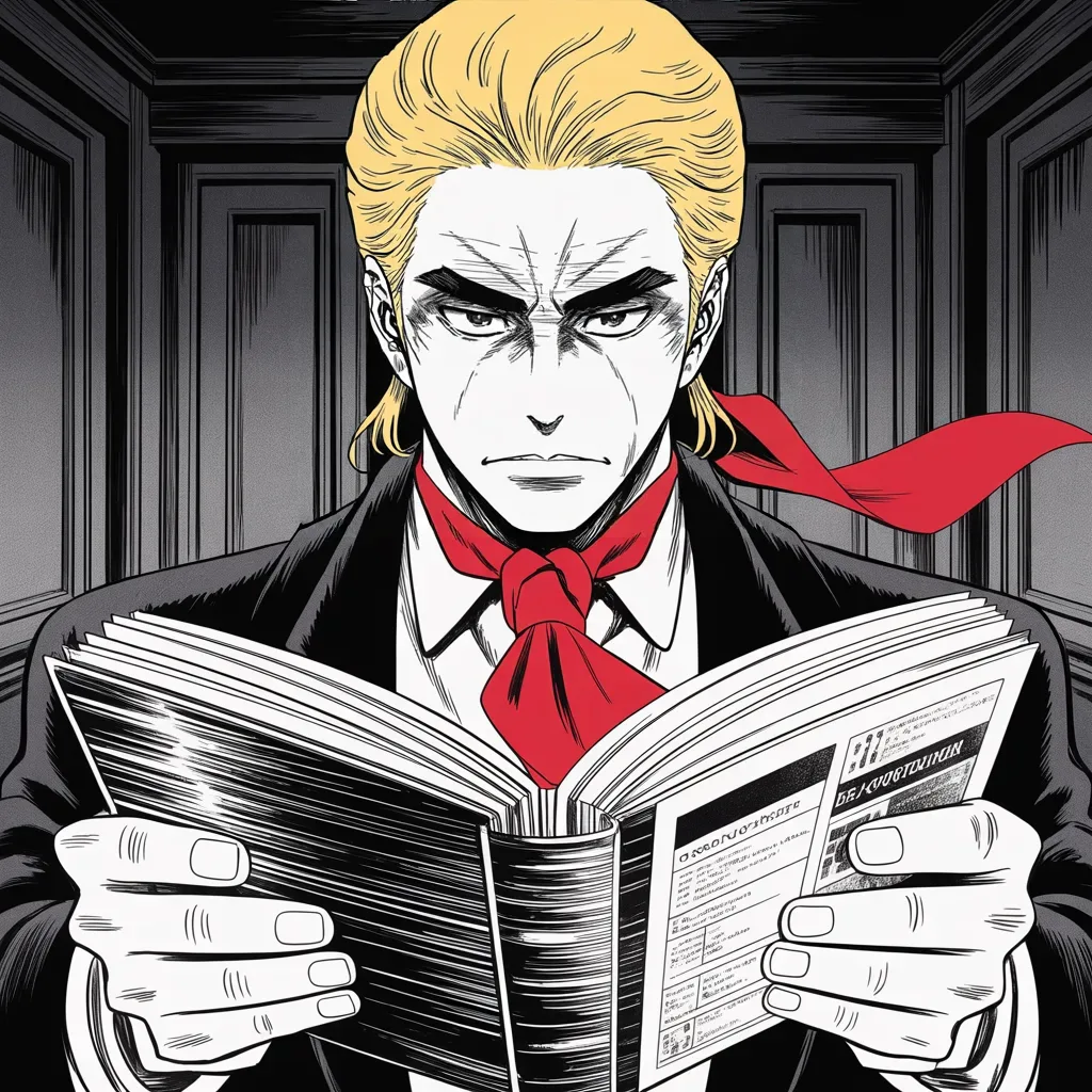 Manga panel 3 of 5, Week 328 “Everybody Will Be Watching Arizona”: The twenty-fourth. The audit he demanded finally reports, and he reads it standing up.