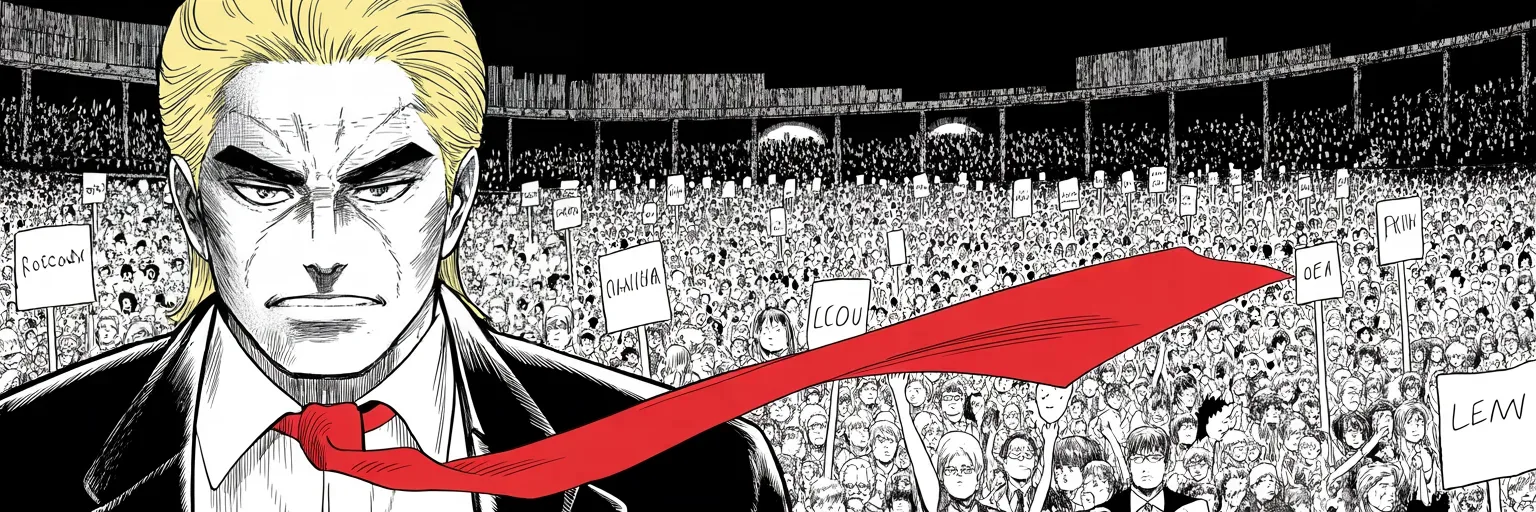 Manga panel 5 of 5, Week 328 “Everybody Will Be Watching Arizona”: The twenty-fifth, Perry, Georgia. He reads the report out to a field of people who came to hear it.